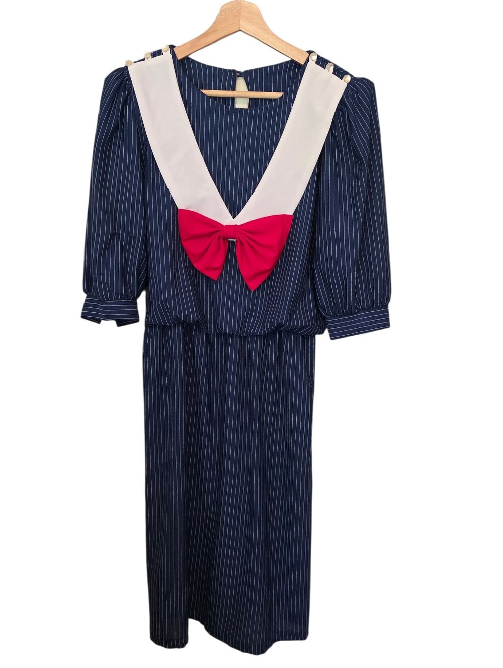 Vintage 1980's Navy Pinstripe Midi Dress Sailor Collar Large Red Bow Size 11 EUC